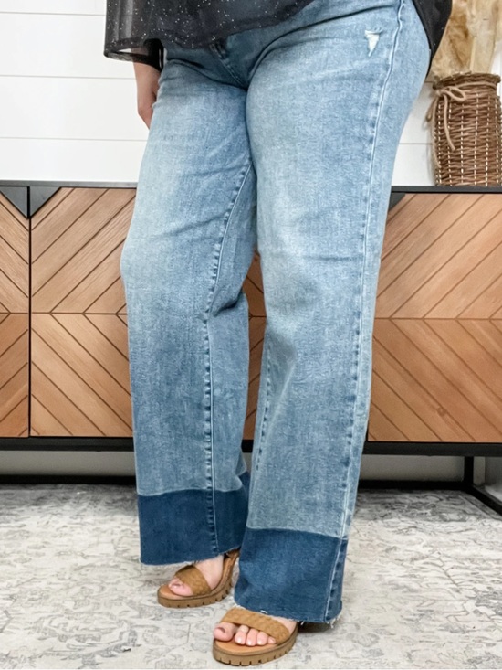 Judy Blue Denim - NWT Judy Blue HR Two-Tone Light and Dark Blue Wide Leg Jeans Raw Hem
